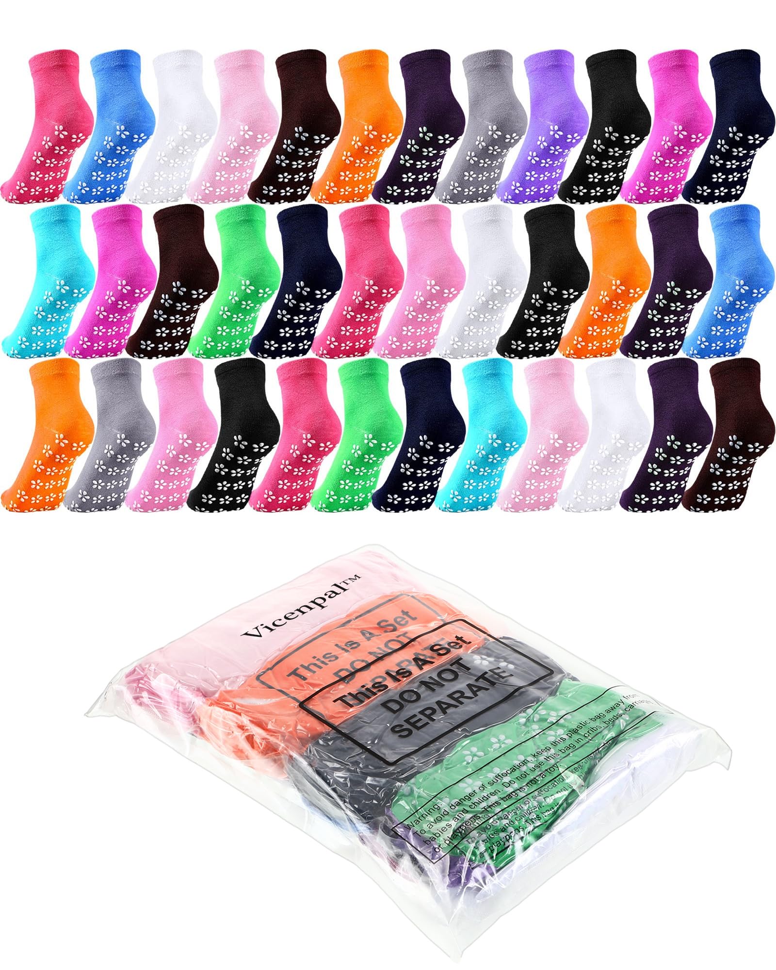 Vicenpal 45 Pairs Non Slip Socks Non Skid Socks Yoga Socks Women Men Slipper Socks with Grippers Foot Pattern Skid Proof Socks for Hospital Barre Pilates, 15 Colors …