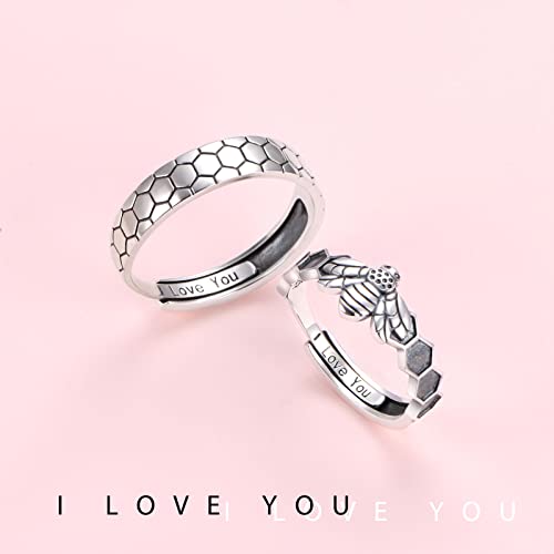 Yearace Bee Honeycomb Couples Rings Set, 925 Sterling Silver Cute Animals Bee Honeycomb Matching Ring for Couples Engraved I Love You, Adjustable Engagement Wedding Promise Ring for Him and Her