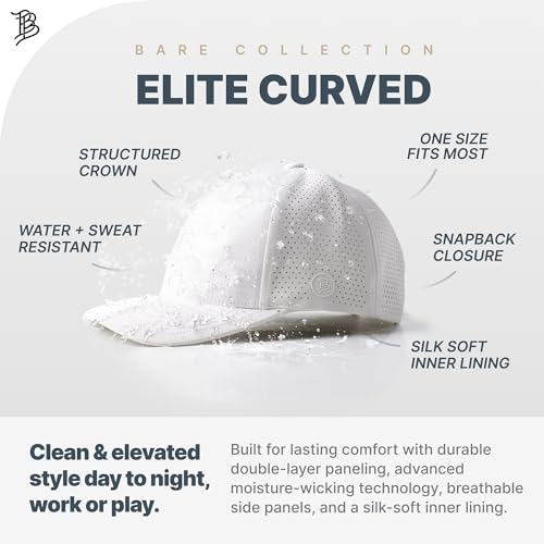 Branded Bills Bare Elite Curved Hat, White, Fits 7-7.5, with Curved Bill, Double Layer Performance Paneling, Adjustable Snapback, Silk-Soft Front Lining, Quad-Foam Band, Water-Repellent Shell