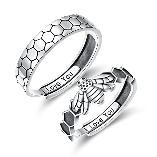 Yearace Bee Honeycomb Couples Rings Set, 925 Sterling Silver Cute Animals Bee Honeycomb Matching Ring for Couples Engraved I Love You, Adjustable Engagement Wedding Promise Ring for Him and Her