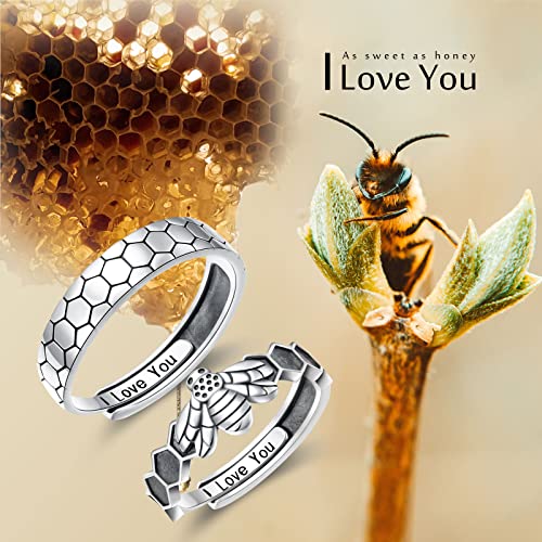 Yearace Bee Honeycomb Couples Rings Set, 925 Sterling Silver Cute Animals Bee Honeycomb Matching Ring for Couples Engraved I Love You, Adjustable Engagement Wedding Promise Ring for Him and Her