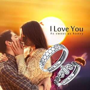 Yearace Bee Honeycomb Couples Rings Set, 925 Sterling Silver Cute Animals Bee Honeycomb Matching Ring for Couples Engraved I Love You, Adjustable Engagement Wedding Promise Ring for Him and Her