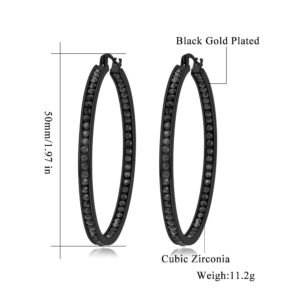 CiNily Black Gold Plated Stainless Steel Hoop Earrings for Women All Black Cubic Zirconia Big Hoop Earrings 2" 50 mm