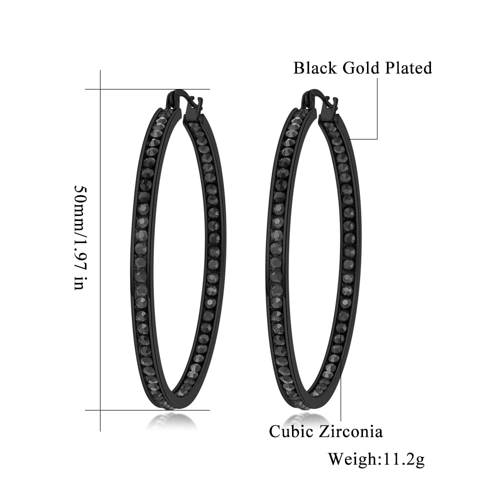 CiNily Black Gold Plated Stainless Steel Hoop Earrings for Women All Black Cubic Zirconia Big Hoop Earrings 2" 50 mm