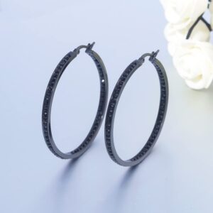 CiNily Black Gold Plated Stainless Steel Hoop Earrings for Women All Black Cubic Zirconia Big Hoop Earrings 2" 50 mm