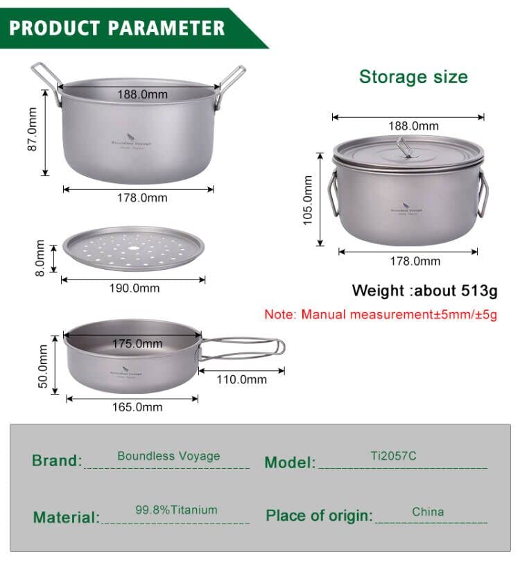 Boundless Voyage Titanium 1900mL Pot and 900mL Fry Pan Set with Steaming Rack and Lid Multifunctional Steamer Stockpot Outdoor Cooking Ultra Light Camping Cookware