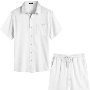 COOFANDY Men Casual Linen Shirt and Short Two Piece Drawstring Elastic Waist Short White