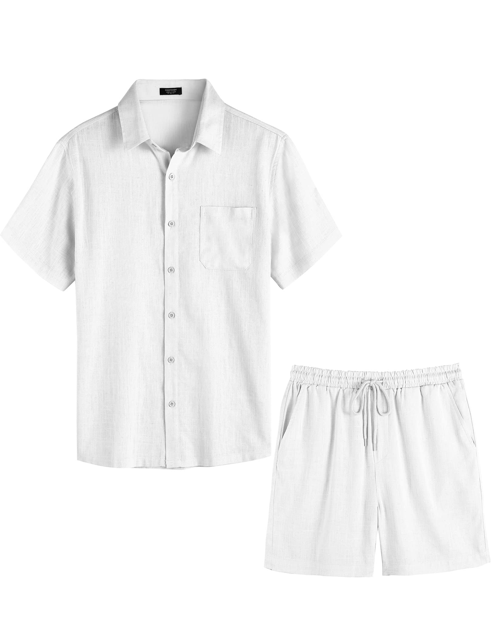 COOFANDY Men Casual Linen Shirt and Short Two Piece Drawstring Elastic Waist Short White