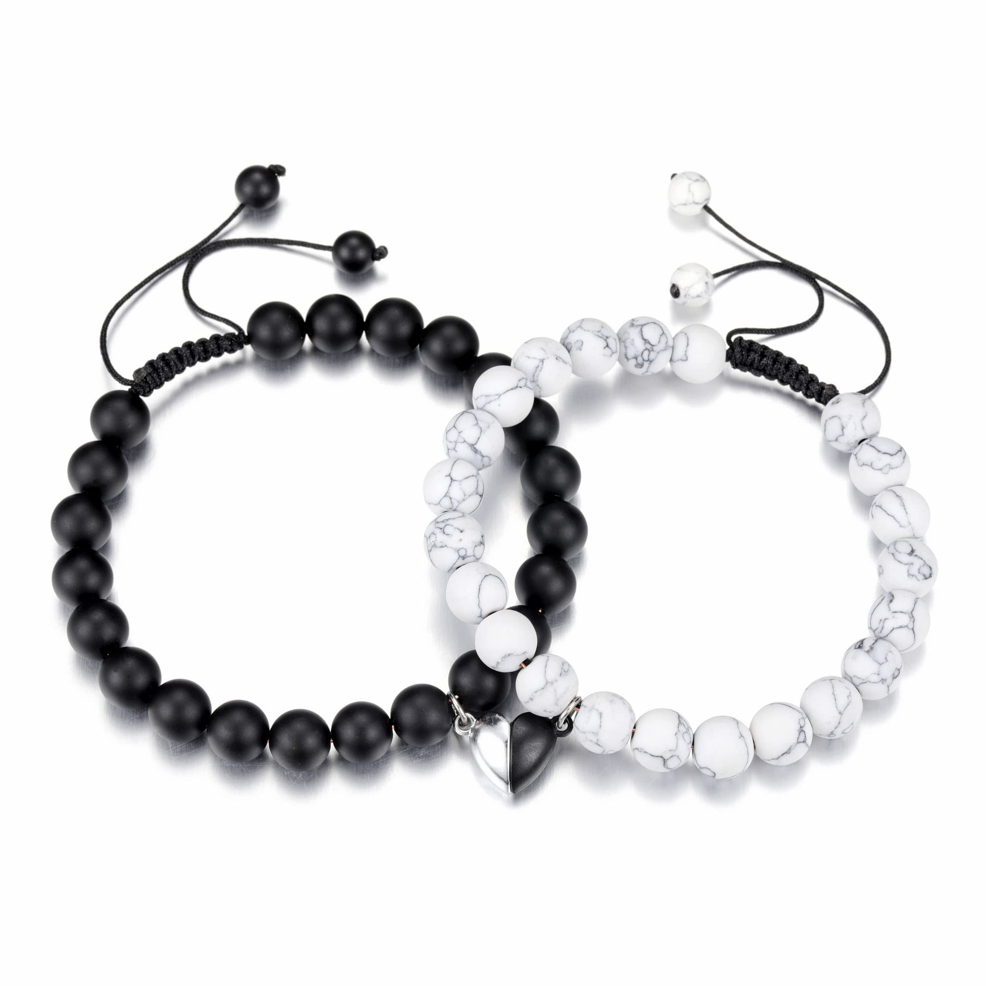 Jovivi 2 Pcs Couple Bracelets 8mm Natural Stone Beads Healing Crystals Stretch Bracelet Matching Heart Charms Adjustable for His and Her Jewelry Lovers Best Friends Friendship Gifts