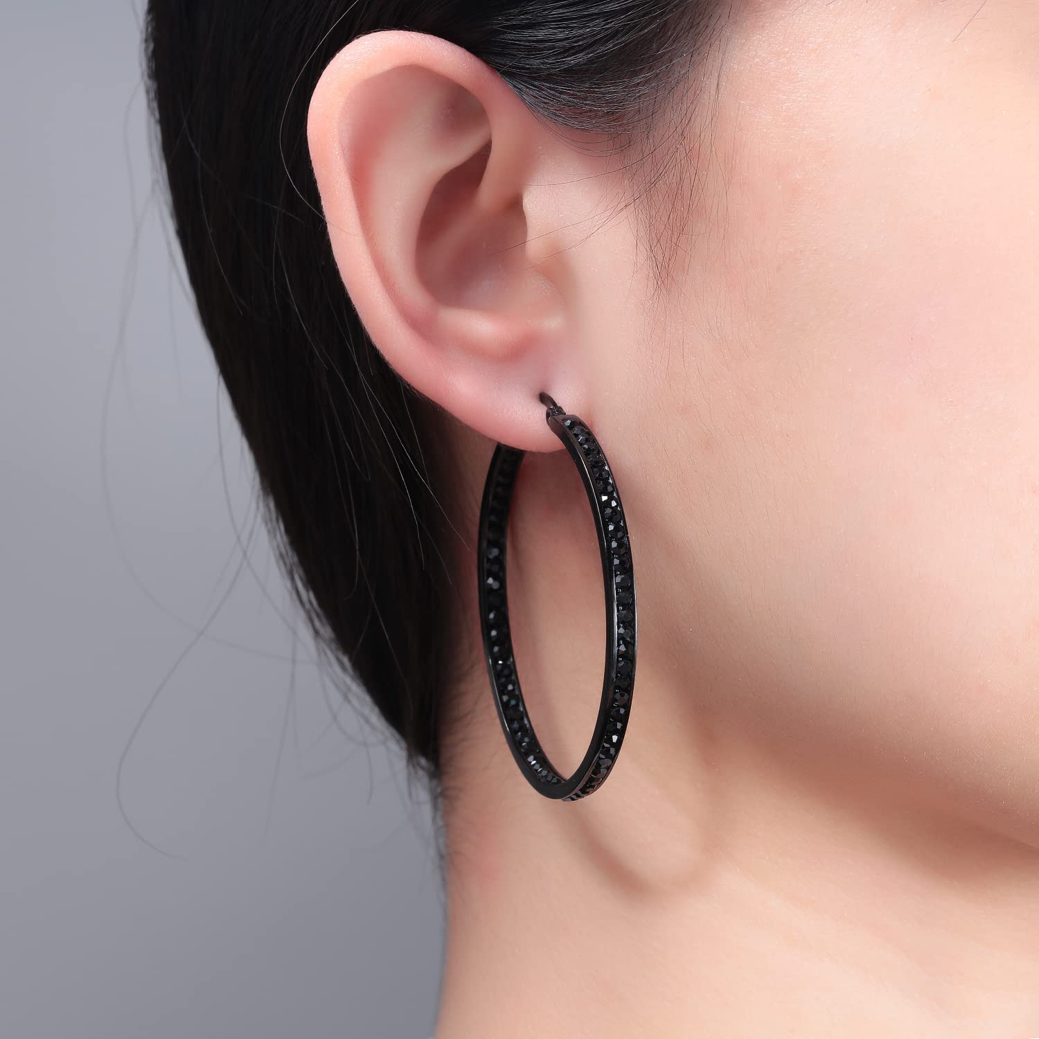 CiNily Black Gold Plated Stainless Steel Hoop Earrings for Women All Black Cubic Zirconia Big Hoop Earrings 2" 50 mm