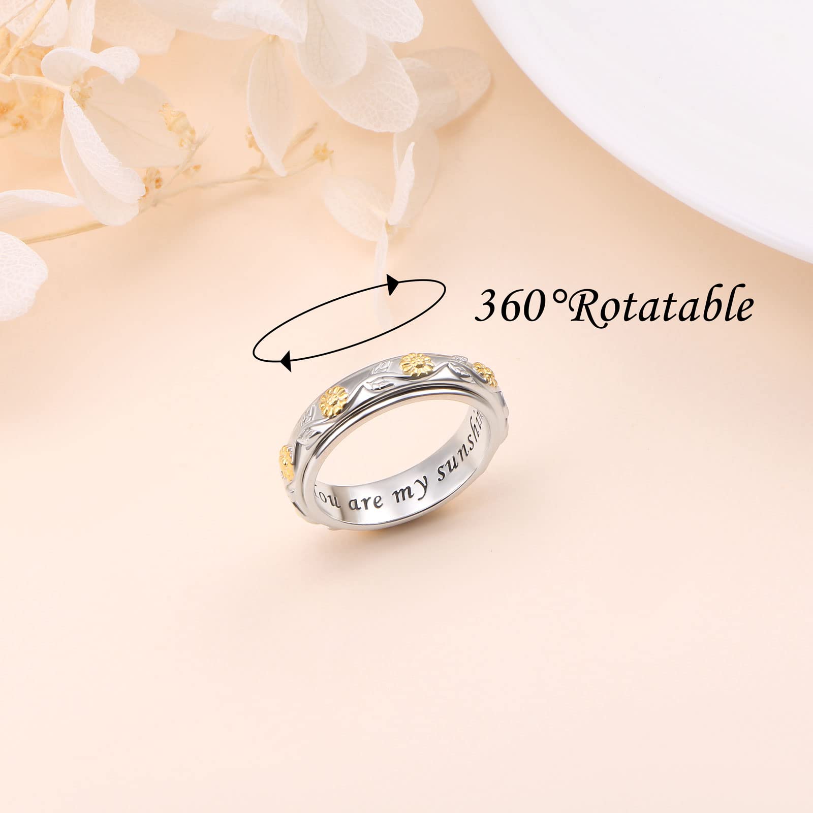 Ladytree Anxiety Spinner Rings Sunflower You Are My Sunshine Fidget Ring Sterling Silver ADHD Stress Relieving Engagement Wedding Promise Band Mothers Day for Mom Daughter Size 7