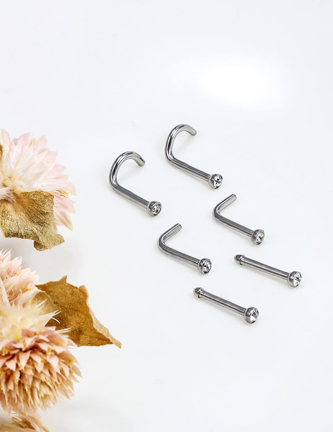 Vsnnsns G23 Titanium Nose Rings for Women 18G Bone L Shaped Nose Studs Screw Nose Rings CZ 2mm Titanium Nose Piercing Jewelry for Men 6Pcs