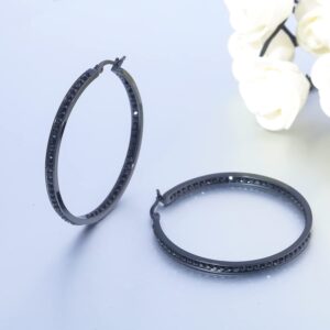 CiNily Black Gold Plated Stainless Steel Hoop Earrings for Women All Black Cubic Zirconia Big Hoop Earrings 2" 50 mm