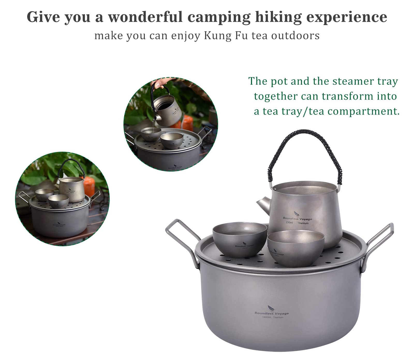 Boundless Voyage Titanium 1900mL Pot and 900mL Fry Pan Set with Steaming Rack and Lid Multifunctional Steamer Stockpot Outdoor Cooking Ultra Light Camping Cookware