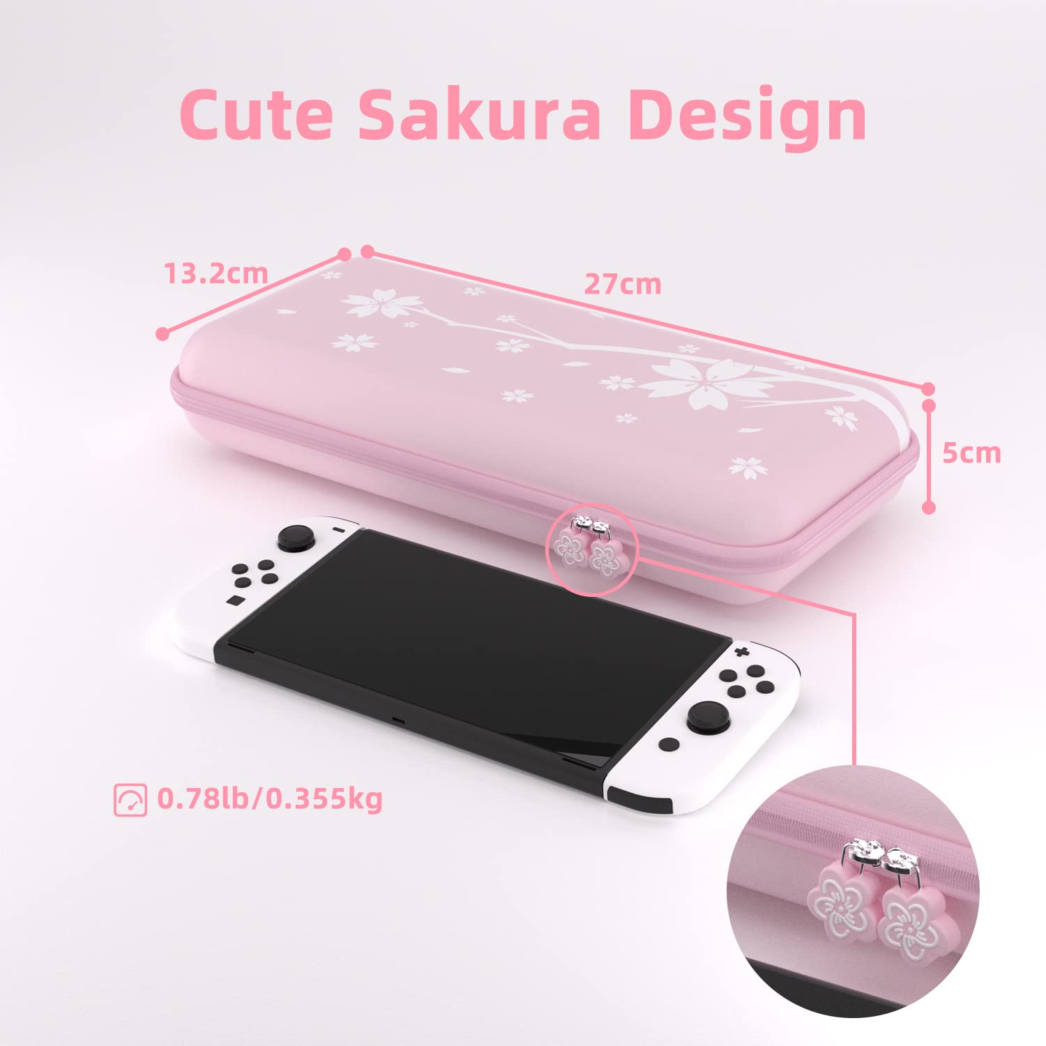 Mytrix Cute Carrying Case for Nintendo Switch OLED, Portable Hard Shell Pouch Travel Storage Bag for Switch Protective Bag with 10 Game Card Slots, with 4 in 1 Bundle Accessories Pink Cherry Blossoms