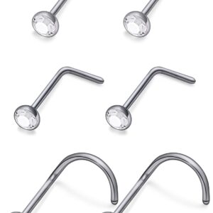 Vsnnsns G23 Titanium Nose Rings for Women 18G Bone L Shaped Nose Studs Screw Nose Rings CZ 2mm Titanium Nose Piercing Jewelry for Men 6Pcs