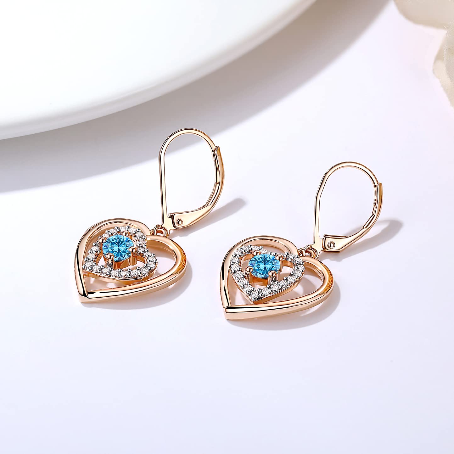 JD&P Forever Love Heart Drop Dangle Earrings Set for Women, Rose Gold Tone 18k Gold Plated with Birthstone Zirconia, Valentines Day Mothers Day Birthday Christmas Gift Ideas for Mom Daughter Grandma