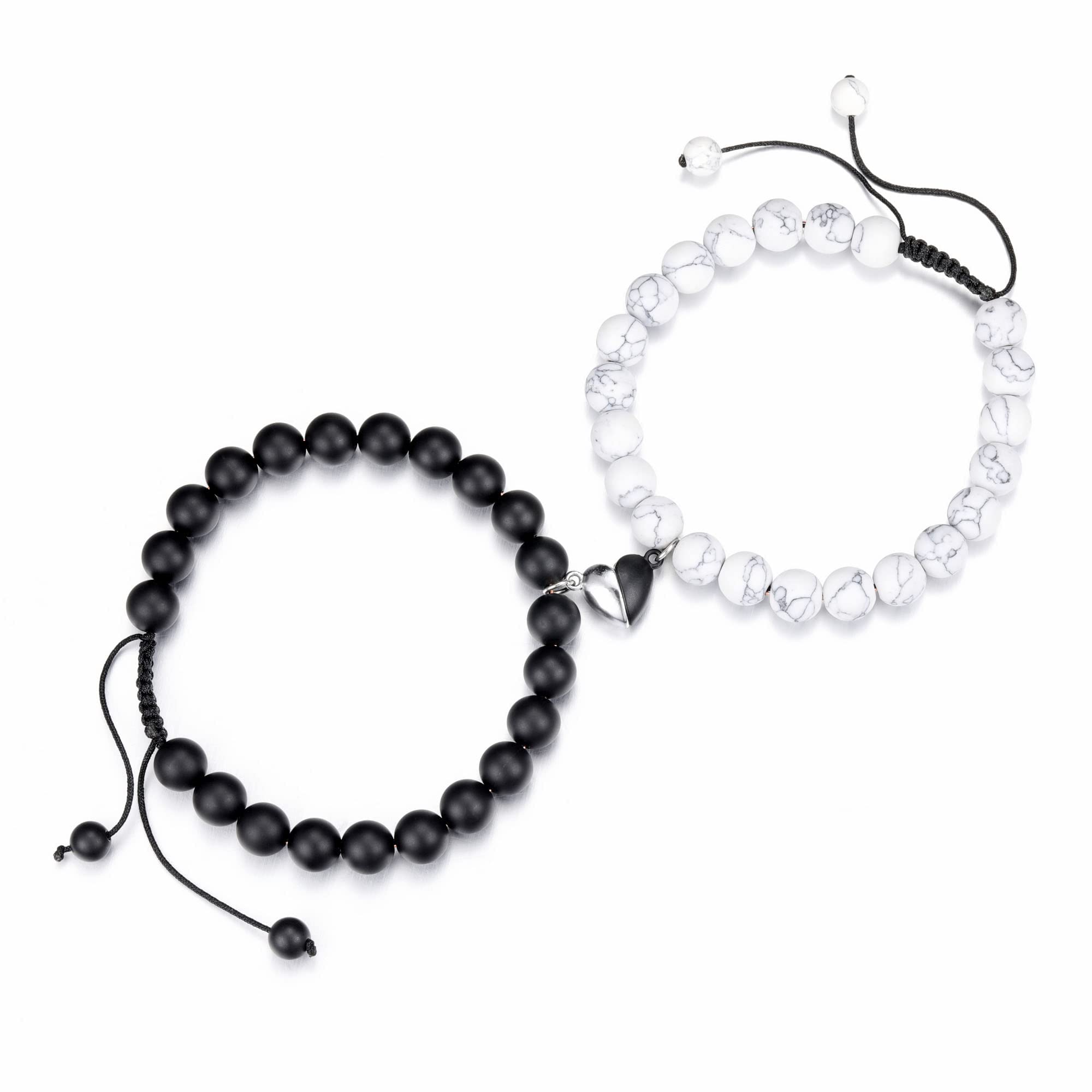 Jovivi 2 Pcs Couple Bracelets 8mm Natural Stone Beads Healing Crystals Stretch Bracelet Matching Heart Charms Adjustable for His and Her Jewelry Lovers Best Friends Friendship Gifts