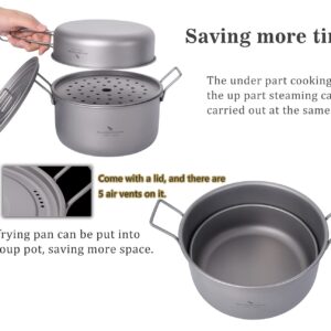 Boundless Voyage Titanium 1900mL Pot and 900mL Fry Pan Set with Steaming Rack and Lid Multifunctional Steamer Stockpot Outdoor Cooking Ultra Light Camping Cookware