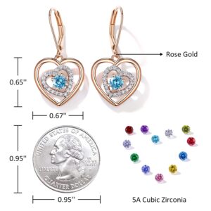 JD&P Forever Love Heart Drop Dangle Earrings Set for Women, Rose Gold Tone 18k Gold Plated with Birthstone Zirconia, Valentines Day Mothers Day Birthday Christmas Gift Ideas for Mom Daughter Grandma