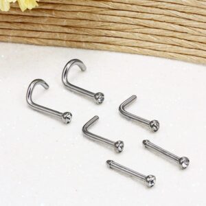 Vsnnsns G23 Titanium Nose Rings for Women 18G Bone L Shaped Nose Studs Screw Nose Rings CZ 2mm Titanium Nose Piercing Jewelry for Men 6Pcs