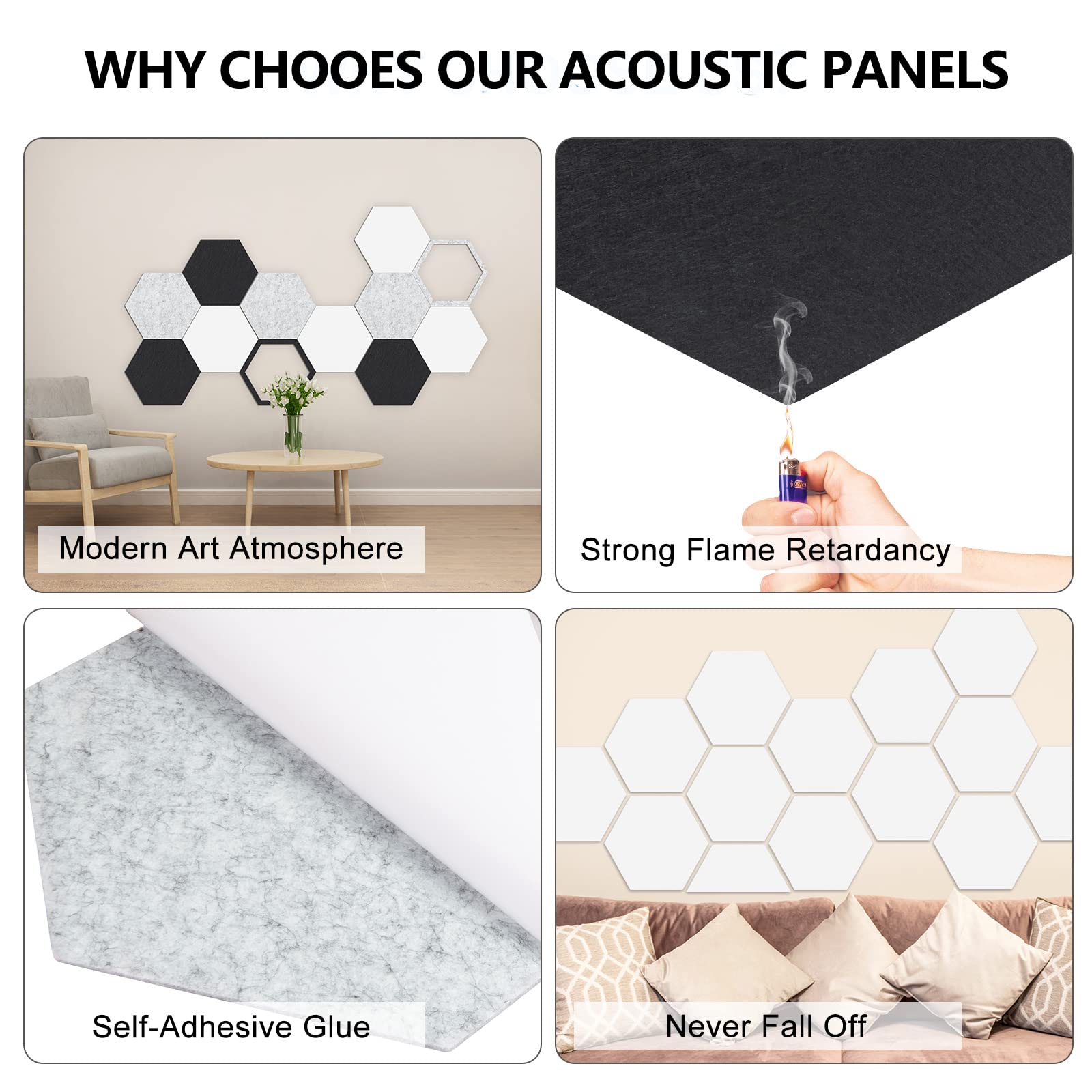 12 Pack Self-adhesive Acoustic Panels, Hexagon Sound Dampening Panels, 14 X 12 X 0.4 In Sound Proof Panels for Walls, High Density Flame Resistant Sound Absording Padding for Recording Studio, Office