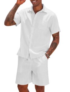 coofandy men casual linen shirt and short two piece drawstring elastic waist short white