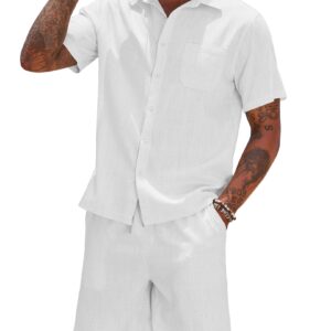 COOFANDY Men Casual Linen Shirt and Short Two Piece Drawstring Elastic Waist Short White