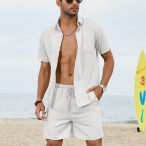 COOFANDY Men Casual Linen Shirt and Short Two Piece Drawstring Elastic Waist Short White