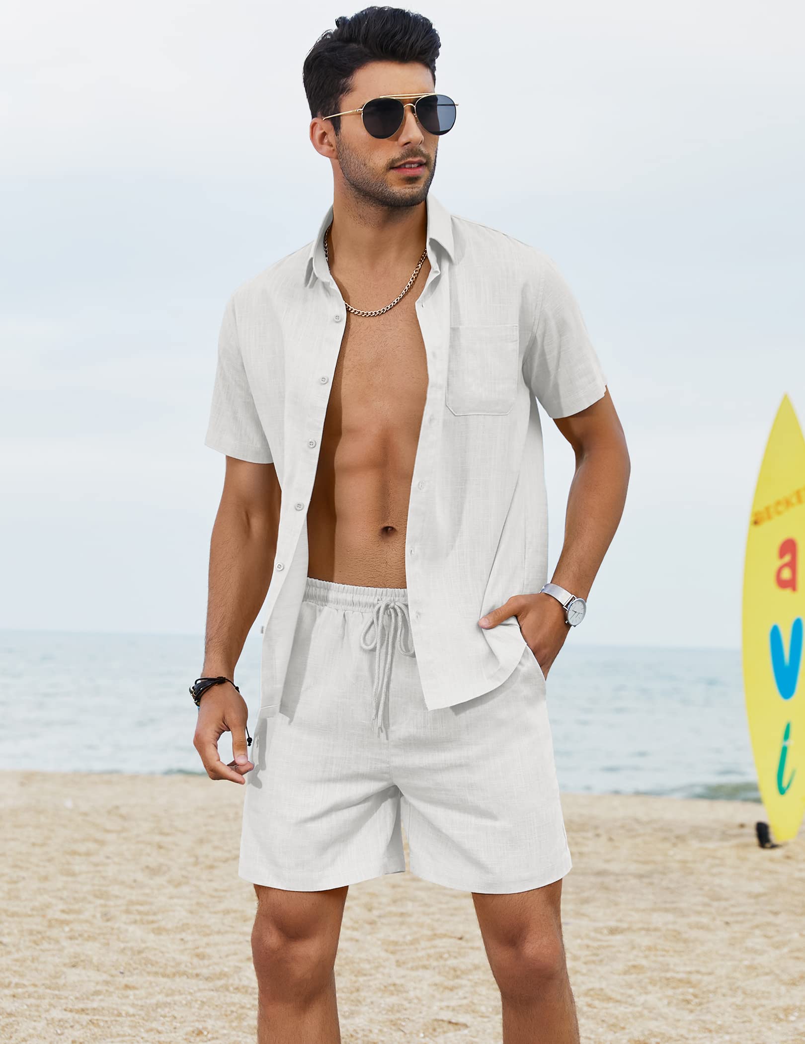 COOFANDY Men Casual Linen Shirt and Short Two Piece Drawstring Elastic Waist Short White