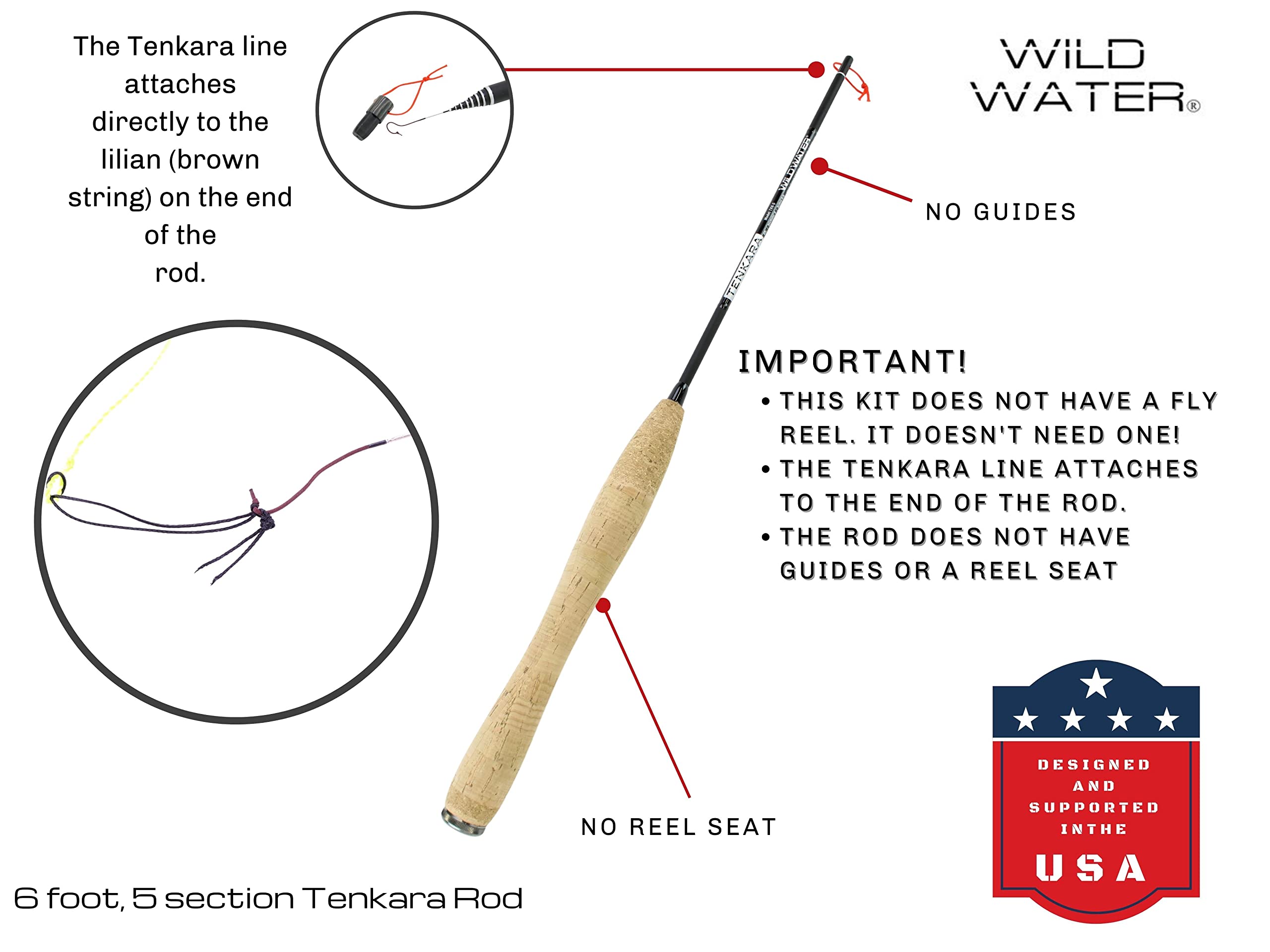 Wild Water Fly Fishing Tenkara Rod, 6 Foot, 5 Section IM8 Graphite Telescopic Rod with Cork Handle, Hard Tube Rod Case and Knitted Rod Sock