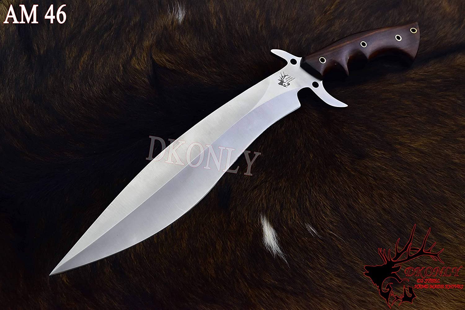 DKONLY-BLADES USA: Custom Handmade D2 Steel Full Tang Hunting Barong Camp Knife with Rose Wood Handle & Leather Sheath (AM46), Brown, Full Size 17.5'' Handle Size 5.5'' Blade Size 12''