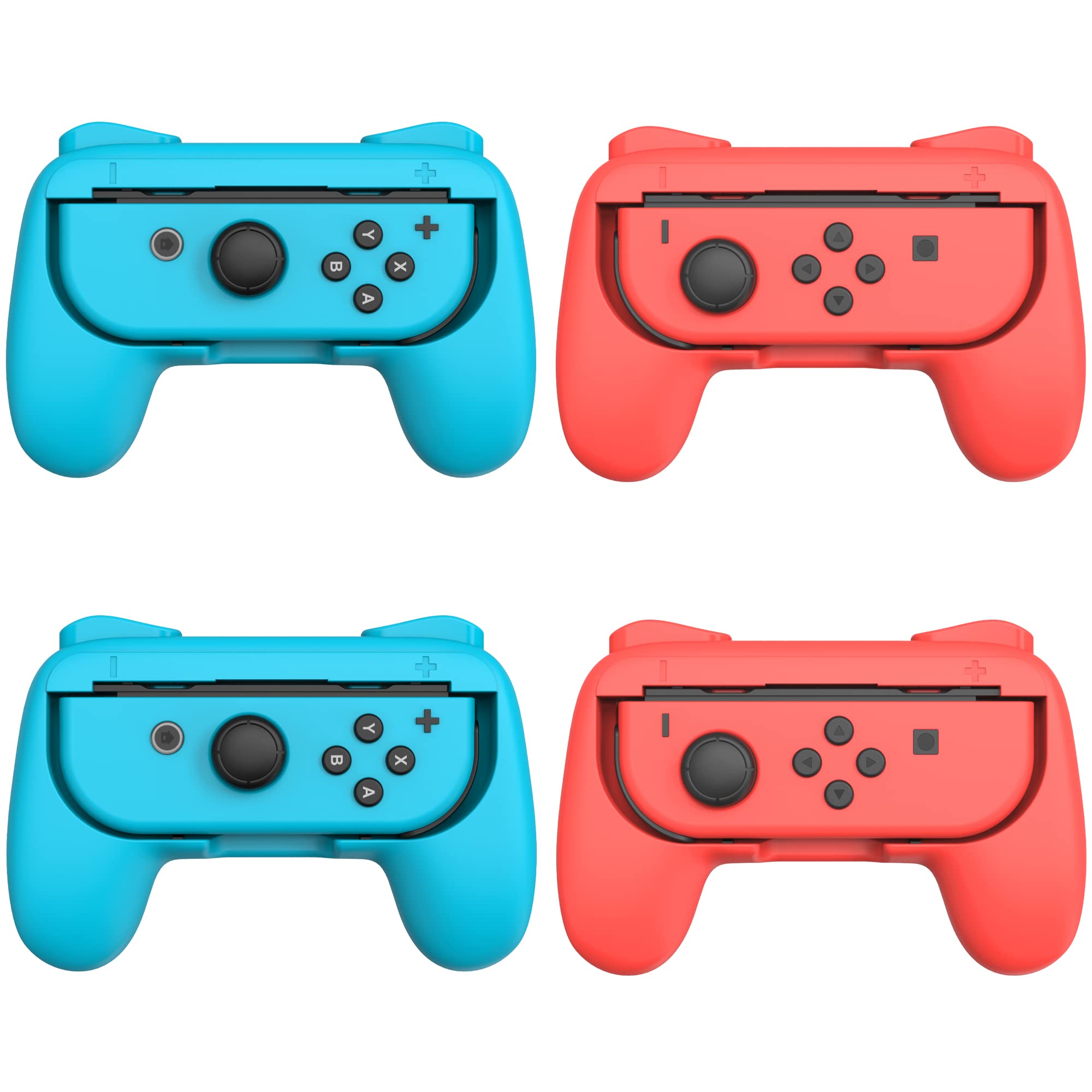 TALK WORKS 4-Pack Gaming Controller Compatible with Nintendo Switch + OLED Joy-Con - Extended Trigger Buttons, Ergonomic Design for Comfort Hold, Secure Grip for Joy-Con Controllers - 2 Red, 2 Blue