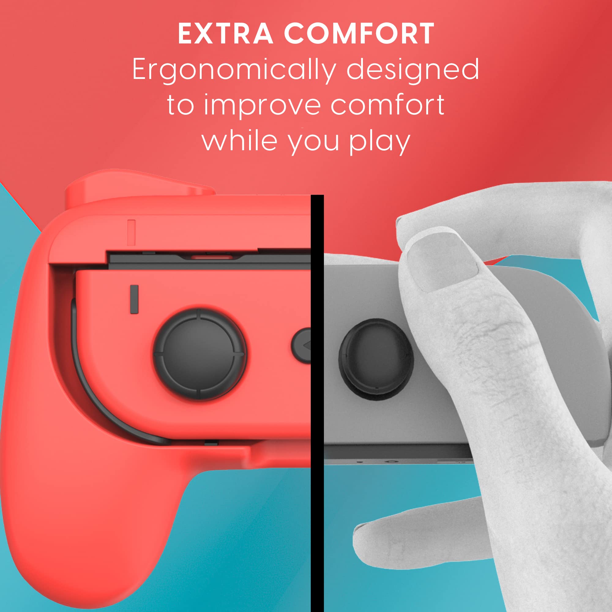 TALK WORKS 4-Pack Gaming Controller Compatible with Nintendo Switch + OLED Joy-Con - Extended Trigger Buttons, Ergonomic Design for Comfort Hold, Secure Grip for Joy-Con Controllers - 2 Red, 2 Blue