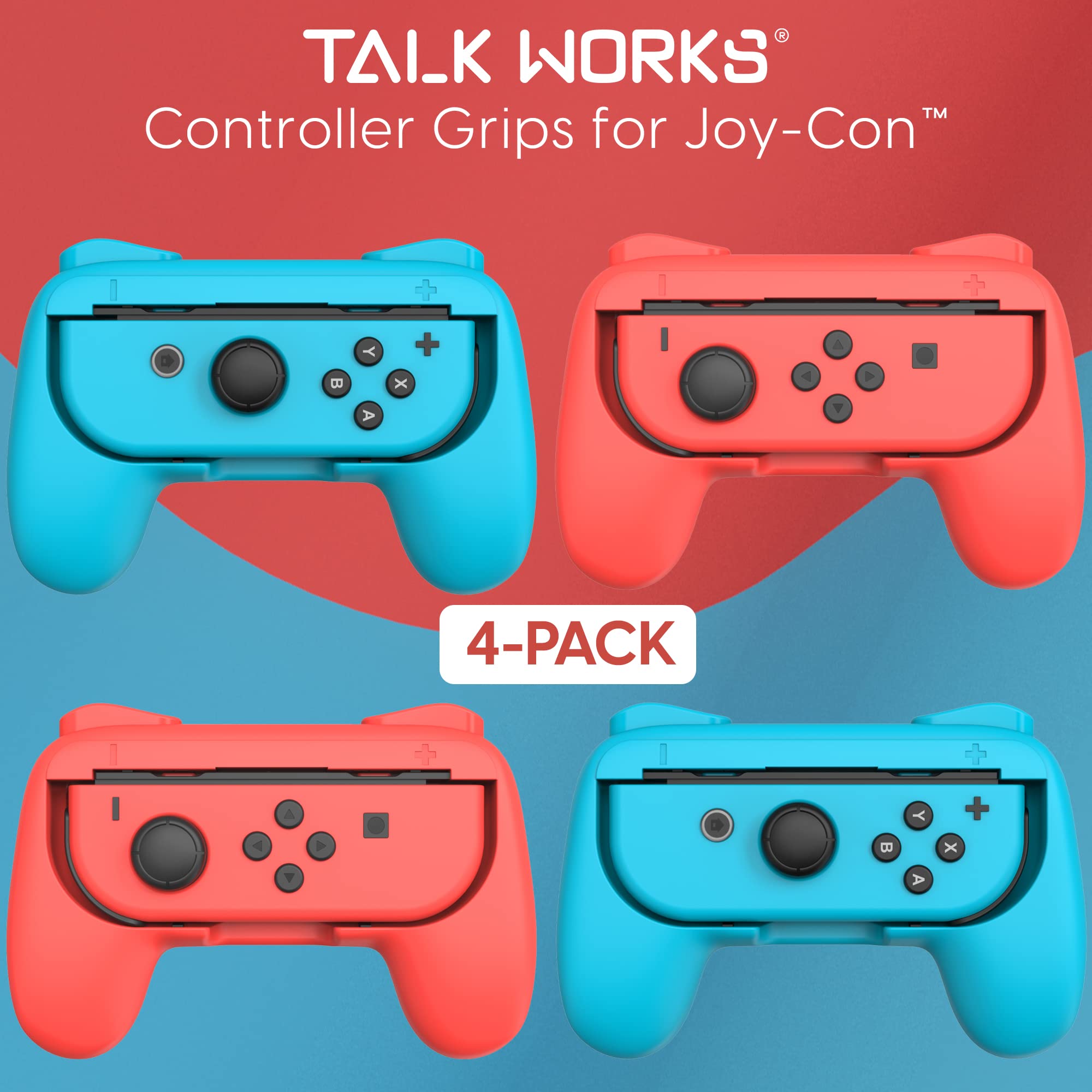 TALK WORKS 4-Pack Gaming Controller Compatible with Nintendo Switch + OLED Joy-Con - Extended Trigger Buttons, Ergonomic Design for Comfort Hold, Secure Grip for Joy-Con Controllers - 2 Red, 2 Blue