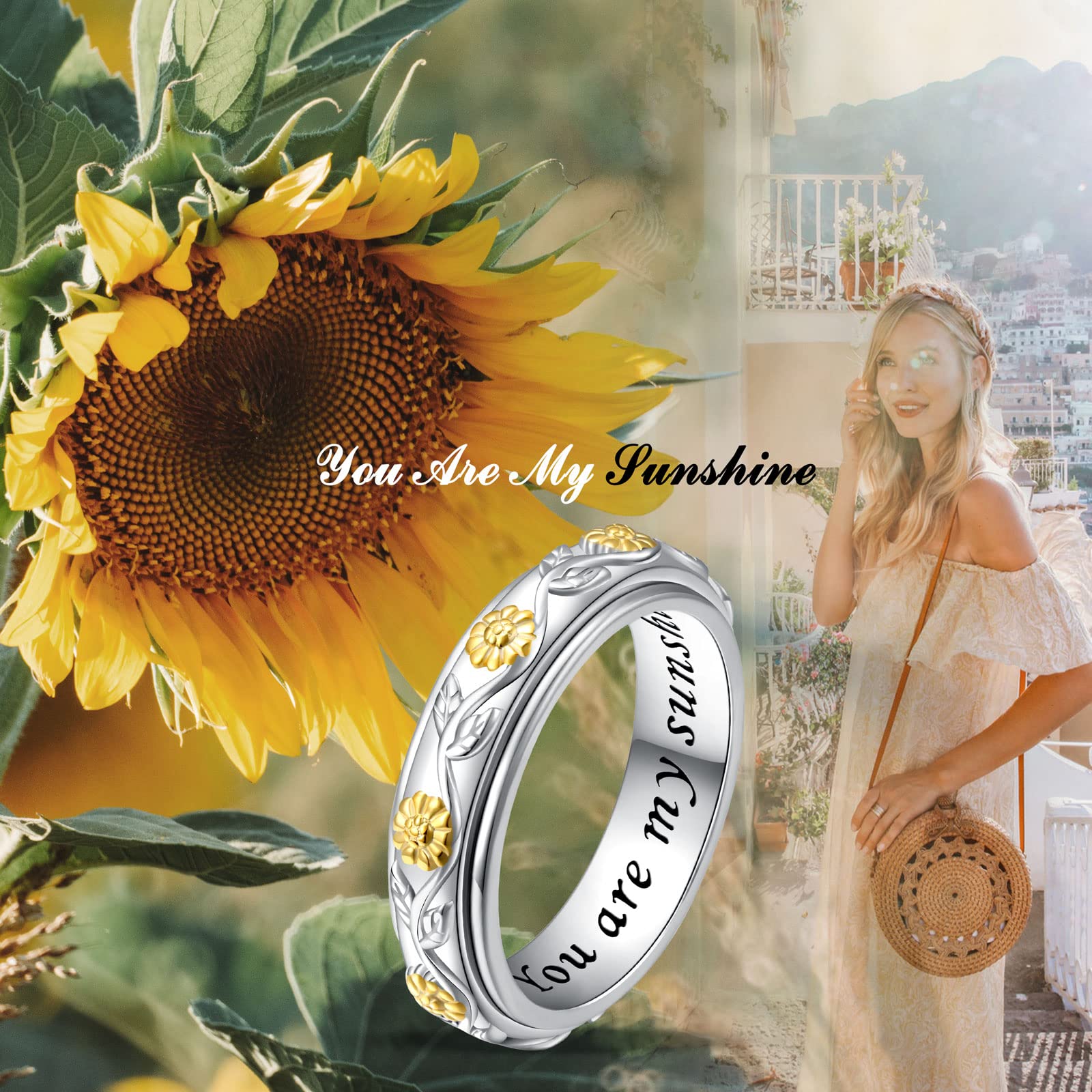 Ladytree Anxiety Spinner Rings Sunflower You Are My Sunshine Fidget Ring Sterling Silver ADHD Stress Relieving Engagement Wedding Promise Band Mothers Day for Mom Daughter Size 7