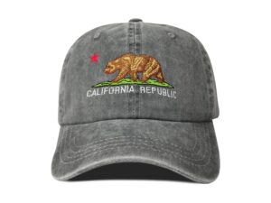 hepandy california bear baseball hat for women men kids, washed dark gray cali state flag embroidery snapback hat unisex dad hat trucker hats