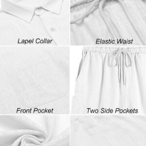 COOFANDY Men Casual Linen Shirt and Short Two Piece Drawstring Elastic Waist Short White