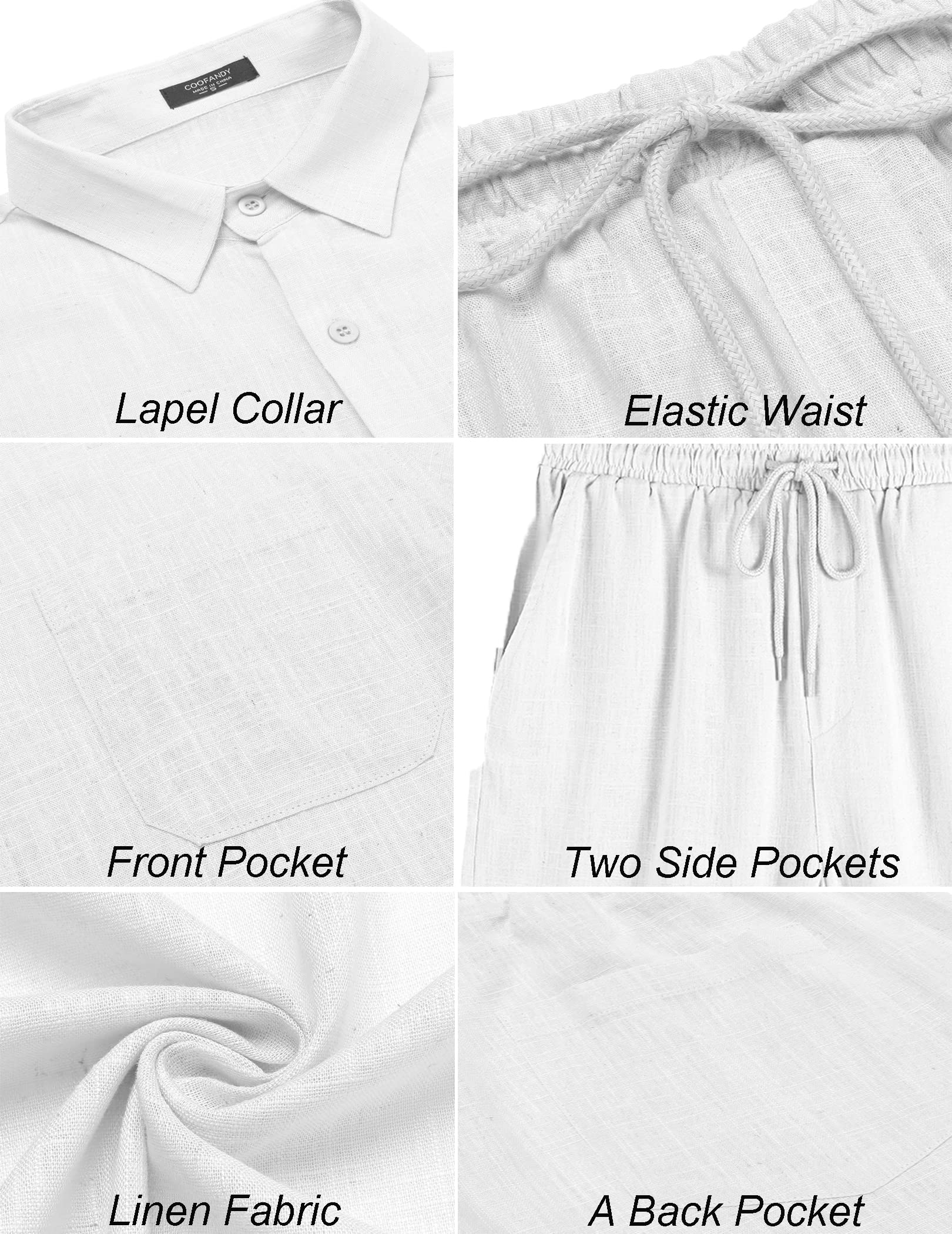 COOFANDY Men Casual Linen Shirt and Short Two Piece Drawstring Elastic Waist Short White