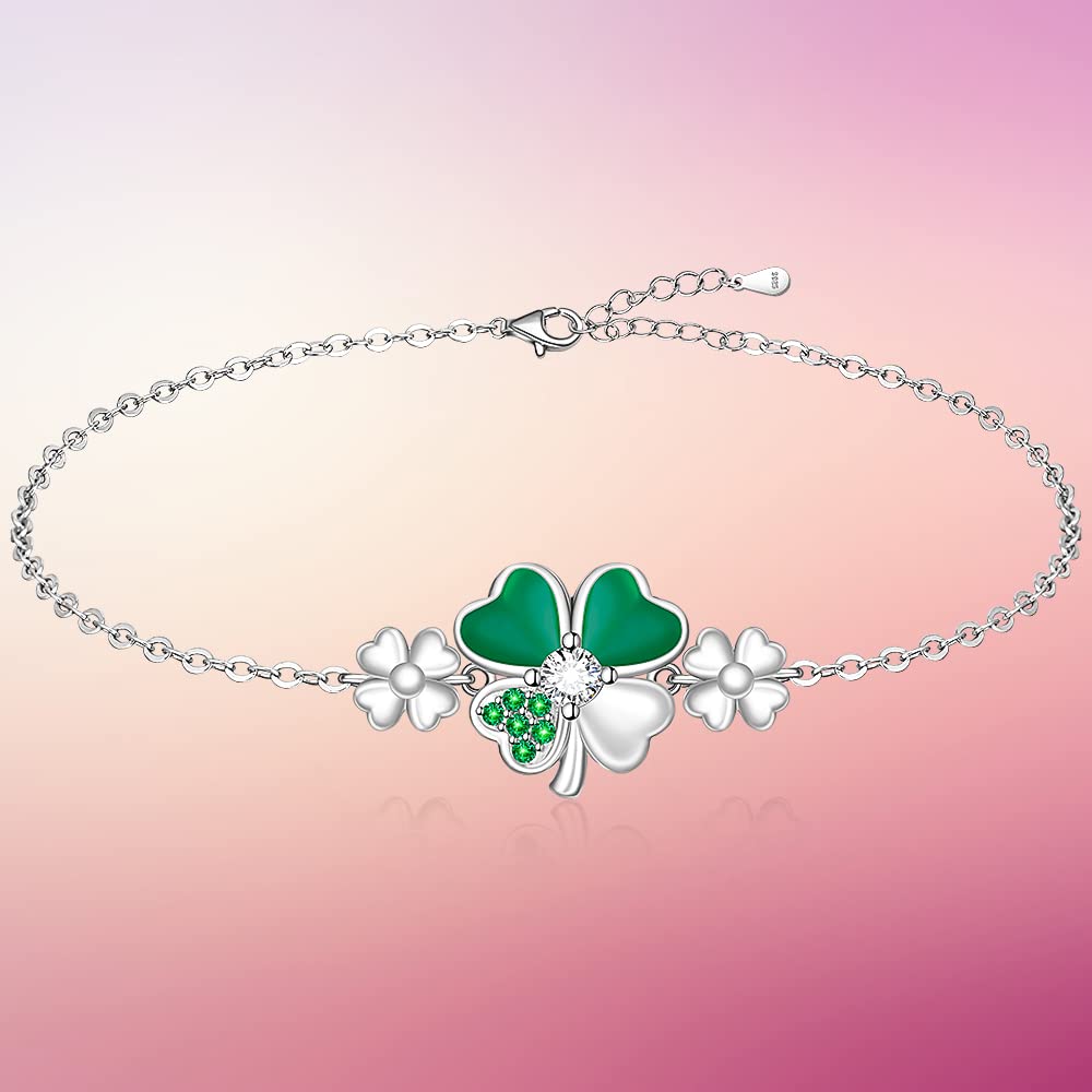 Talonior Good Luck Four Leaf Clover Bracelet for Women Friends Green St Patricks Day Gifts Irish Jewelry Shamrock Bracelets Sterling Silver