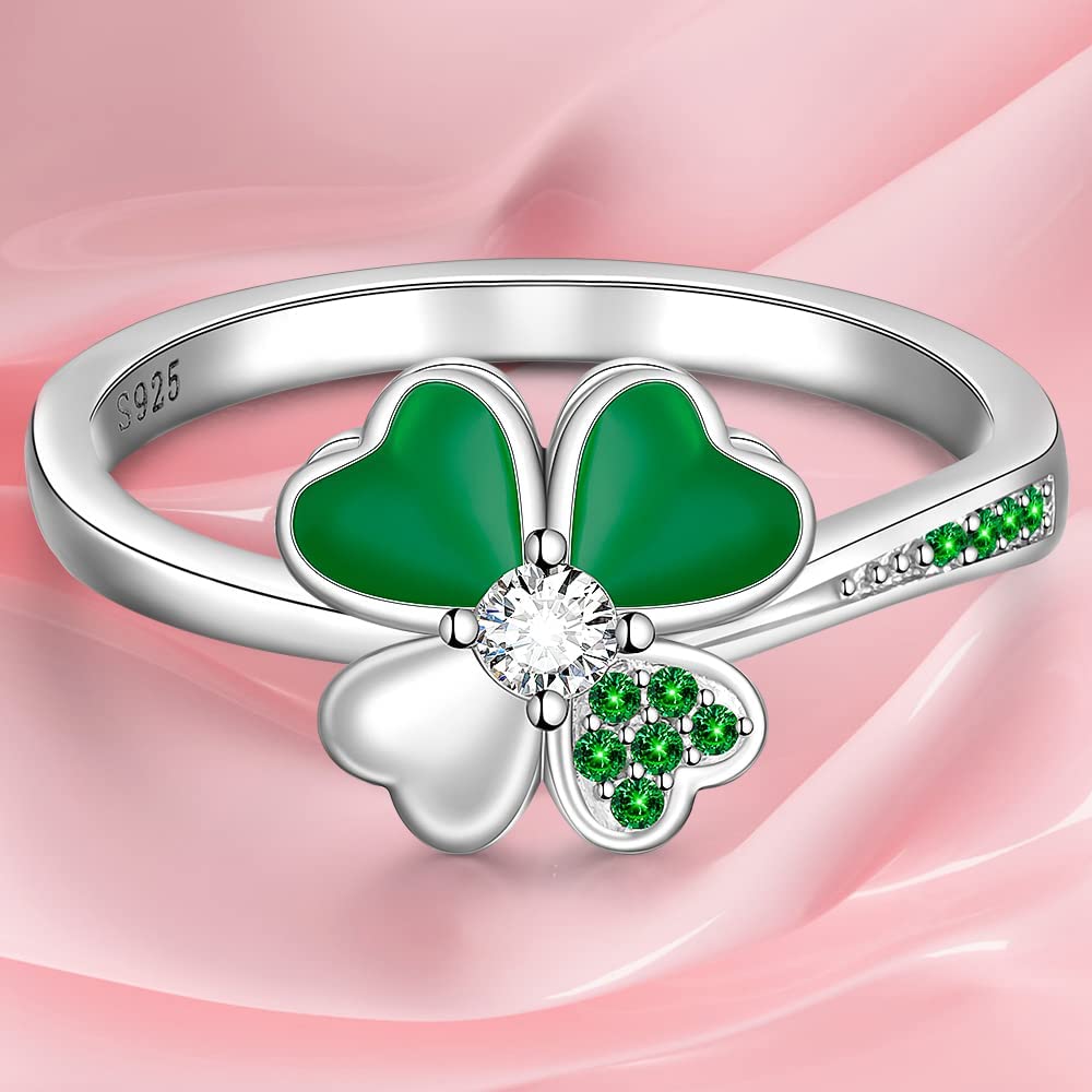 Talonior Irish Clover Ring for Women Sterling Silver St Patricks Day Gifts Shamrock Four Leaf Jewelry Green Holiday Prom Rings Size 8