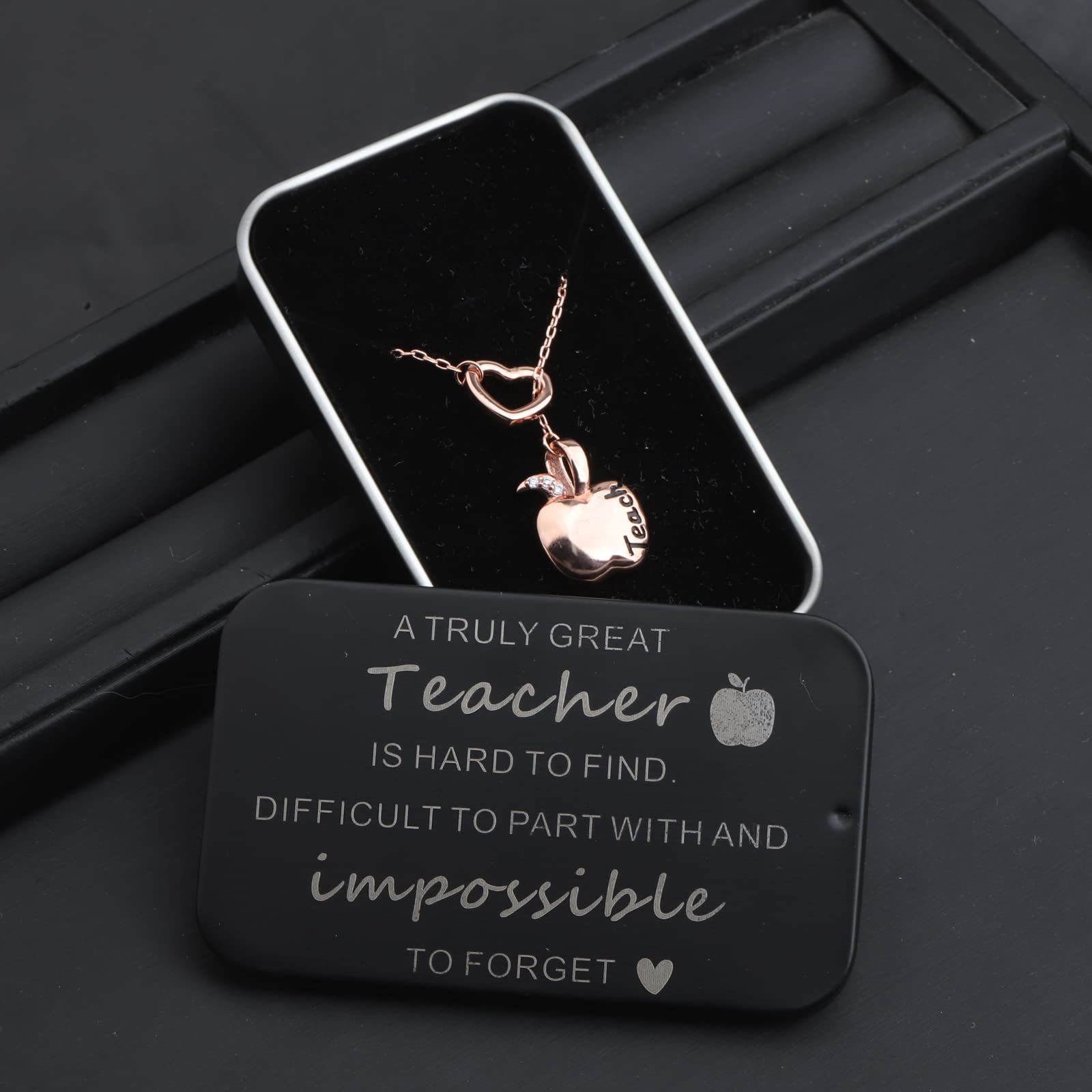 ENSIANTH Teacher Necklace with Apple Pendant, 26 inches, Stainless Steel, Thank You Gift for Female Adults (B Apple YNE RG)