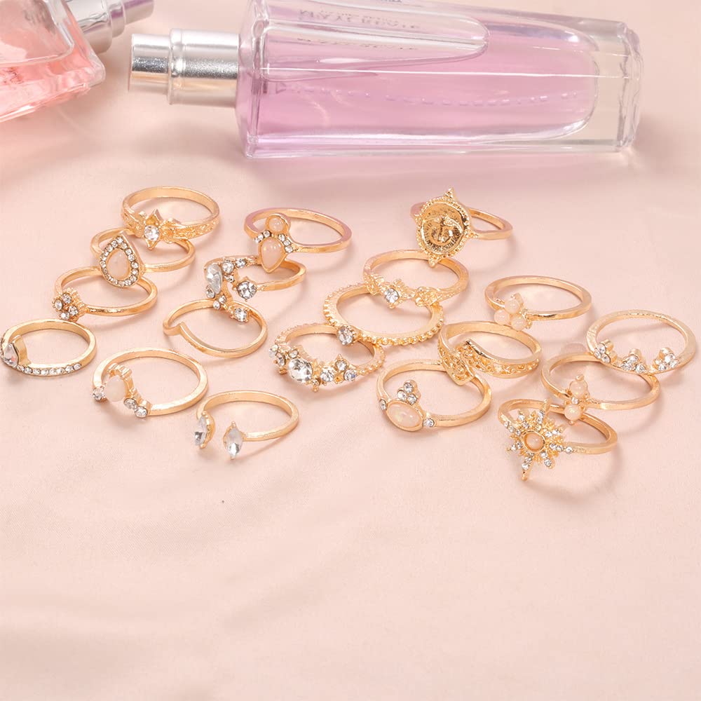 Octwine Boho Vintage Coin Knuckle Stacking Rhinestones Moon Star Rhinestones Rings for Women Teen Girls Finger Rings Stackable Gold Rings Set Multiple Rings for Women 19pcs