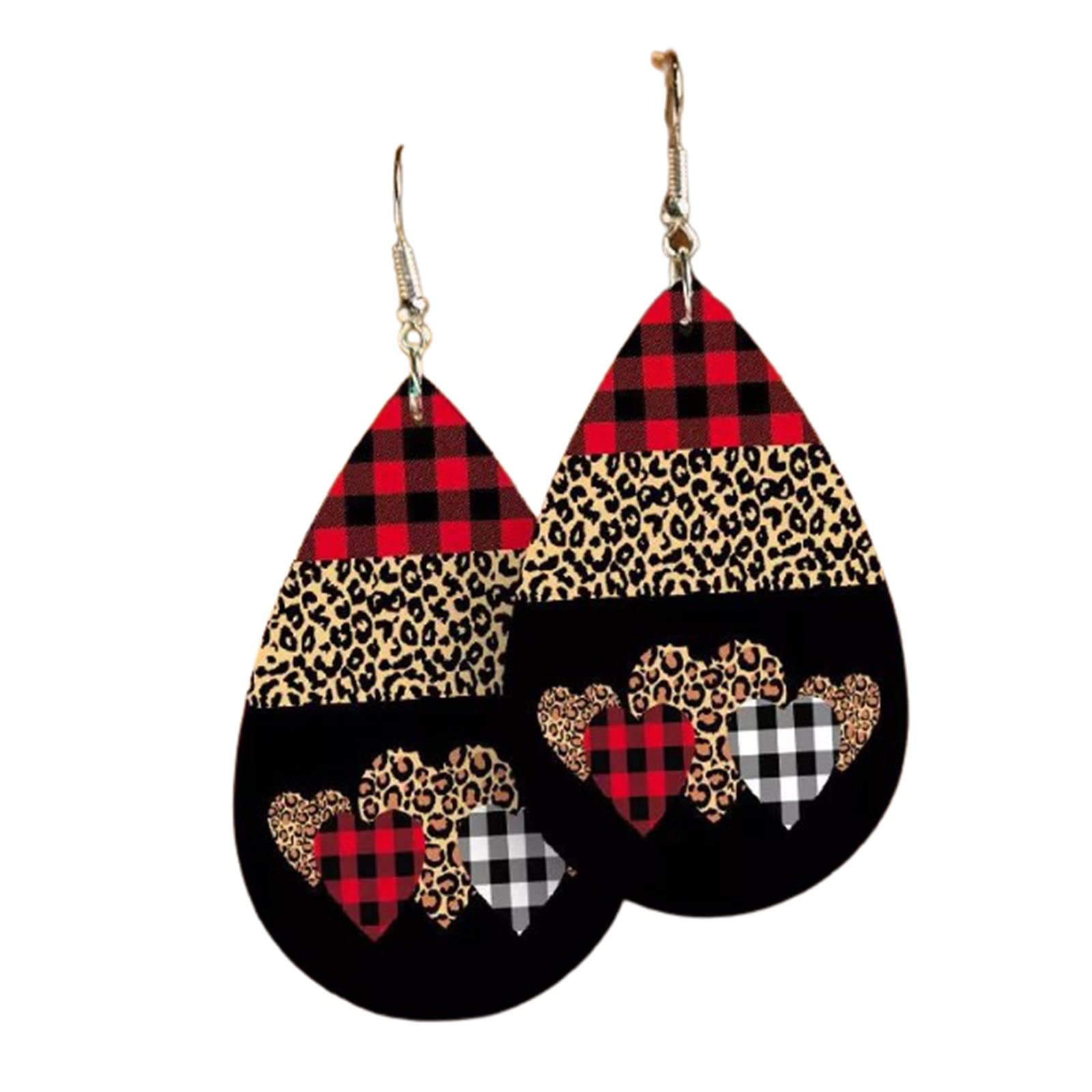 Valentine's Day Love Heart Leather Earrings Red Black Striped Buffalo Plaid Check Dangle Earrings Buffalo Leopard Printed Drop Earring for Women Jewelry-D