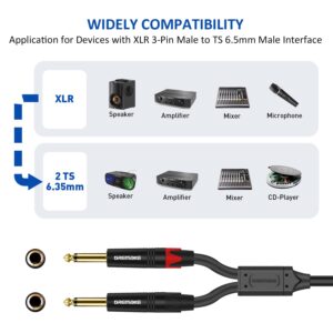 DREMAKE 3-Pin XLR Male to Dual 6.35mm 1/4'' TS Mono Microphone Patch Cable, 10FT Male XLR to Double 6.35mm TS Y Splitter Converter Cable, Dual 1/4 Inch Mono to XLR Male Mic Audio Adapter Cord