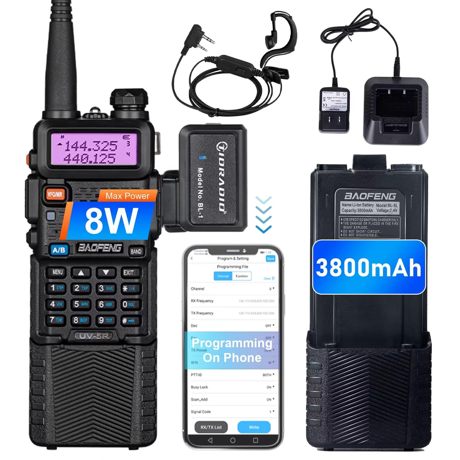 Baofeng UV-5R Ham Radio Handheld High Power Two Way Radio 3800mAh Battery Walkie Talkies with Earpiece and TIDRADIO Wireless Programmer Adapter Support Phone APP Program