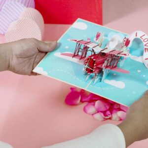 Paper Love 3D Pop Up Card, I Love You Biplane, For Valentines Day, Mothers Day, Birthday, All Occasions, Adult or Kids - 5" x 7" Cover - Includes Envelope and Note Tag