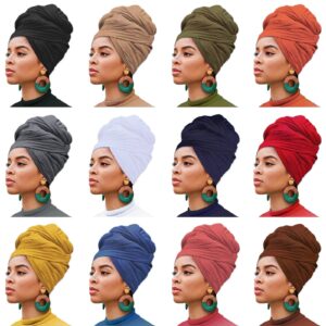 12 Pieces Stretch Head Wrap Jersey Turban Solid Color Bohemian Dye Headwraps African Fashion Headwear Headband Extra Long Hair Scarf Soft Breathable Turban Tie for Women 12 Colors