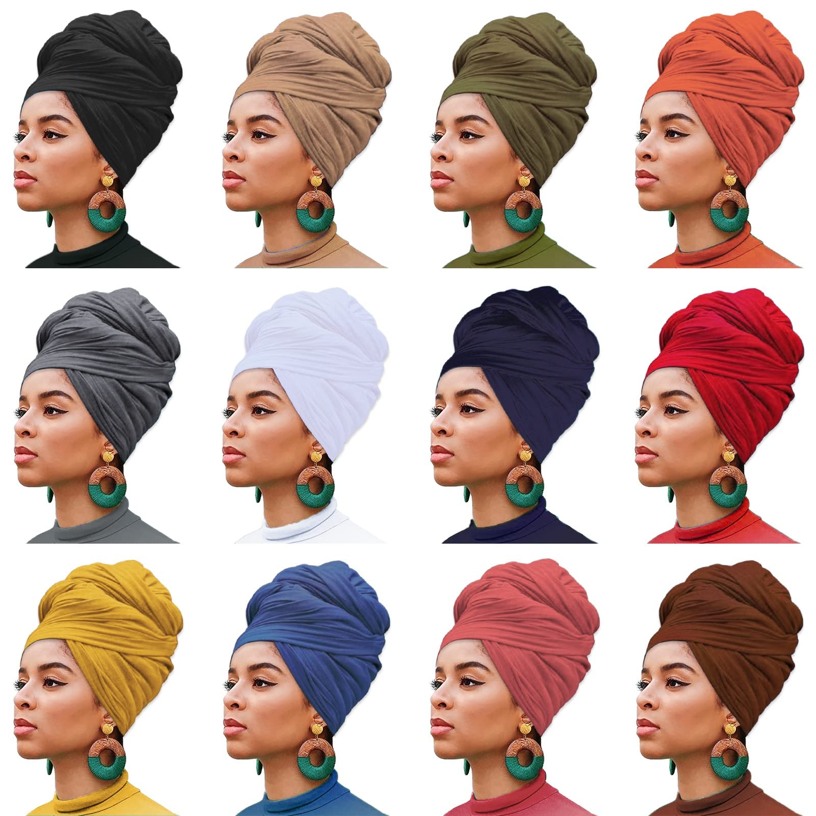 12 Pieces Stretch Head Wrap Jersey Turban Solid Color Bohemian Dye Headwraps African Fashion Headwear Headband Extra Long Hair Scarf Soft Breathable Turban Tie for Women 12 Colors