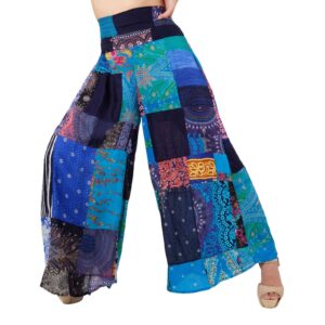 LOFBAZ Women's Patchwork Wide Leg Palazzo Pants Yoga Lounge Hippie Harem Flowy Trousers Juniors Ladies Travel Cover Up Beachwear Patchwork Blue 2XL